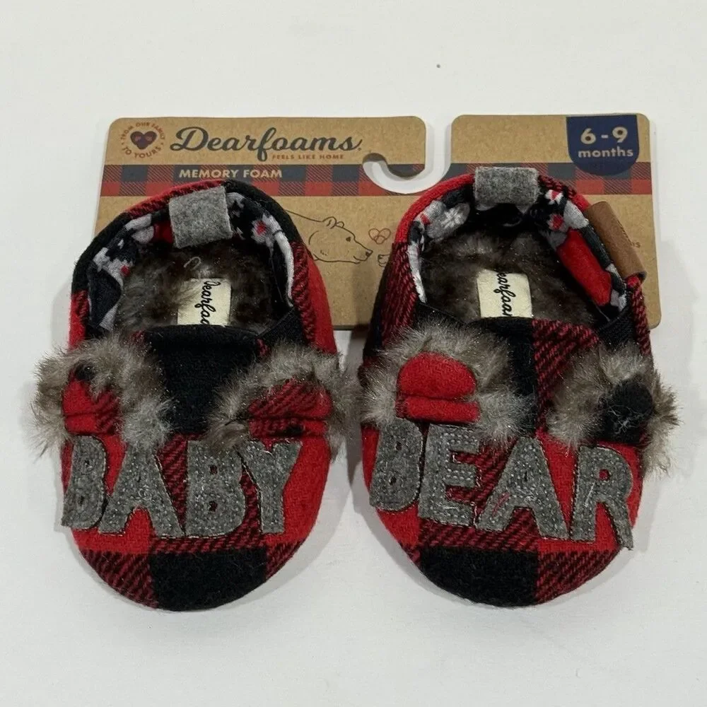 Dearfoams Unisex Kids' Slippers Baby Size 6/9 Months, Red Black Plaid NEW